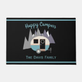 Mini Camper Trailer Blauw op Zwarte Deurmat (Voorkant)
