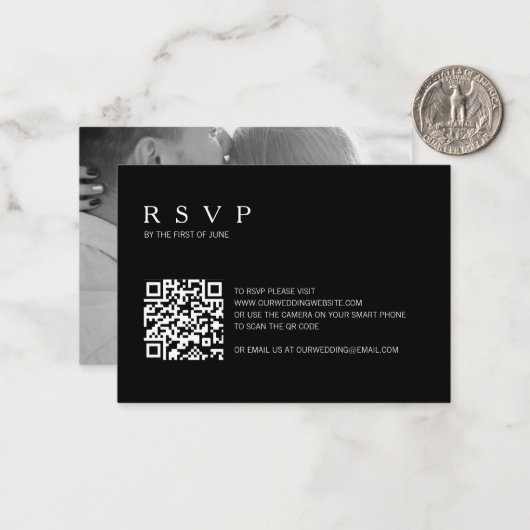 Mini carte RSVP Mariage de code QR photo noir (Devant/Arrière en situation)