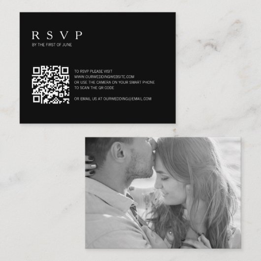 Mini carte RSVP Mariage de code QR photo noir (Devant / Derrière)