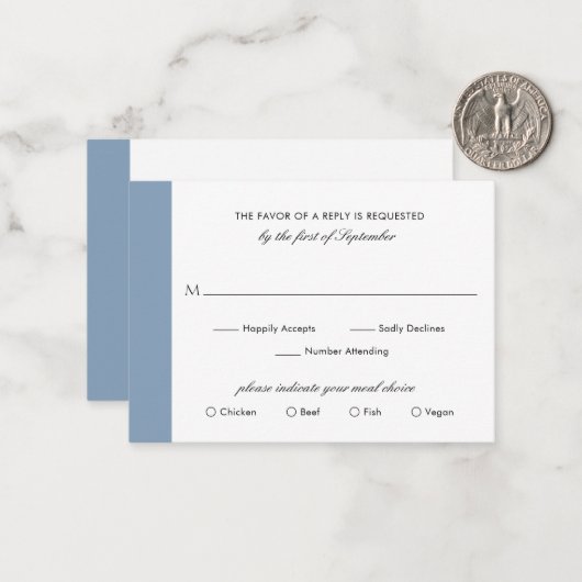 Mini carte RSVP mini Mariage bleu Dusty (Devant/Arrière en situation)
