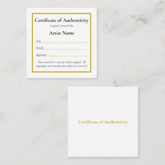 Mini certificat d'authenticité personnalisé (Devant / Derrière)