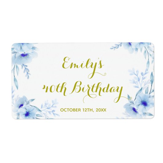 Mini champagne fles label floraal blauw goud (Voorkant)