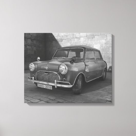 Mini Cooper zwart-wit retro canvas Afdruk (Voorkant)