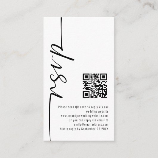 Mini Elegant Calligraphy QR Code Weddenschap RSVP Informatiekaartje (Voorkant)