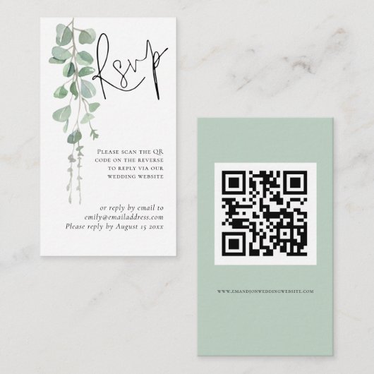 Mini Eucalyptus Script QR Code Weduwschap RSVP Informatiekaartje (Voorkant / Achterkant)
