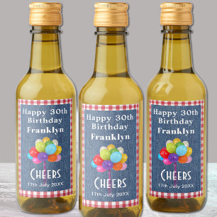 Mini flessen Gelukkige verjaardag Gingham en blauw Wijn Etiket