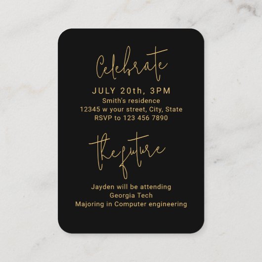 Mini Gold Modern Script Foto Afstuderen Uitnodigen Informatiekaartje (Achterkant)