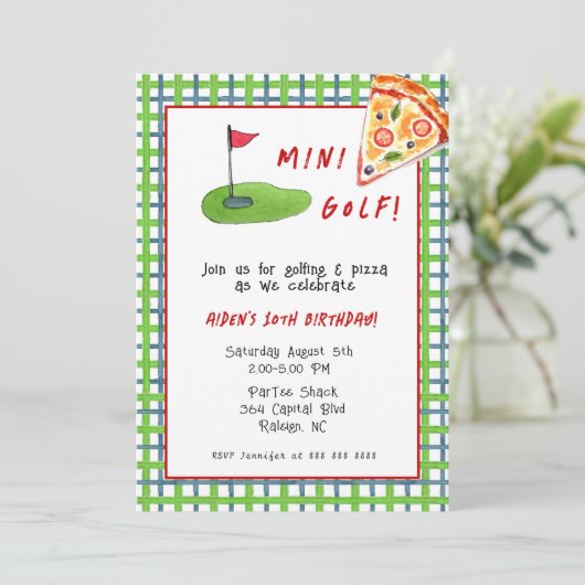 Mini Golf & Pizza Kind Birthday party Kaart (Staand voorkant)