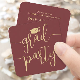 Mini Graduation Party Invitation Rood en Goud Kaar Informatiekaartje