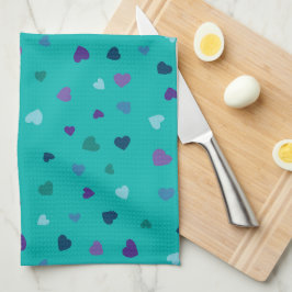 Mini harten, paars, turquoise, blauw op turquoise theedoek