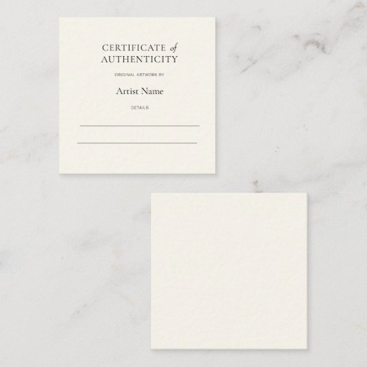 Mini Ivory Certificate of Authenticity for Art Notitiekaartje (Voorkant / Achterkant)