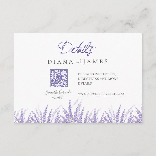 Mini kalligrafie Details QR Code Lavendel Wedding Informatiekaartje (Voorkant)