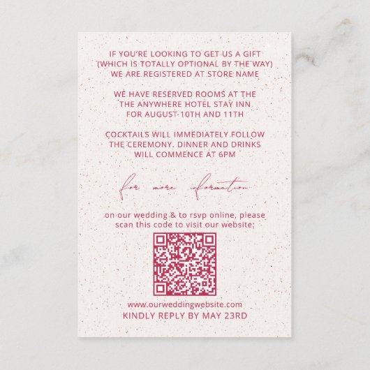 Mini Magenta Mariage Détails Carte RSVP QR Code (Dos)