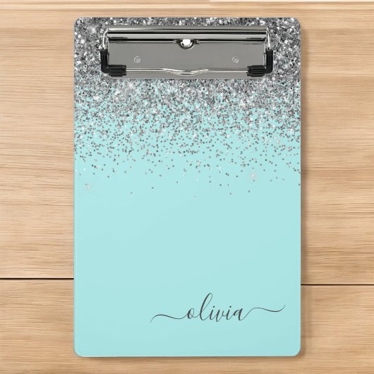 Mini Porte-bloc Aqua Blue - Monogramme Pailleté Turquoise et Argen
