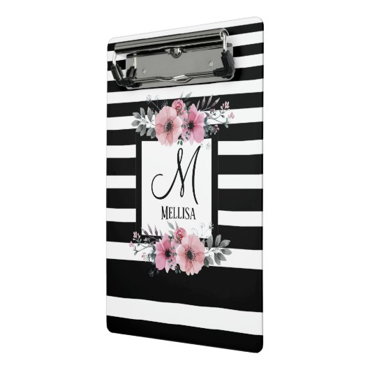 Mini Porte-bloc Bandes noires et blanches Monogramme floral rose (Angle2)