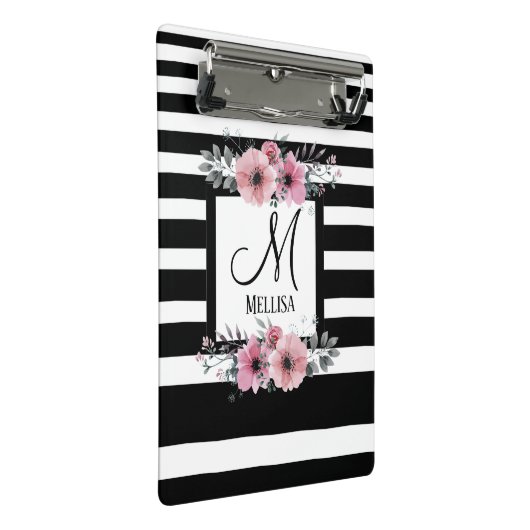 Mini Porte-bloc Bandes noires et blanches Monogramme floral rose (Incliné)