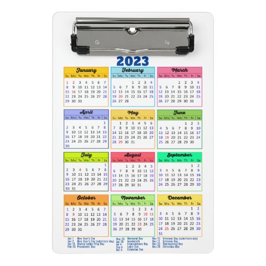 Mini Porte-bloc Calendrier 2023 avec jours fériés Moderne Bleu (Devant)