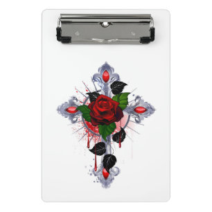 Mini Porte-bloc Croix d'argent avec une rose rouge