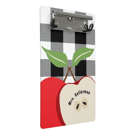 Mini Porte-bloc Enseignant Pomme Blanc Buffalo Plaid Nom Monogramm (Incliné)