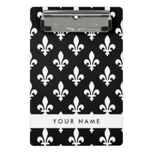 Mini Porte-bloc Fleur de Lis, Blanc sur Noir, Blanc, Votre Nom