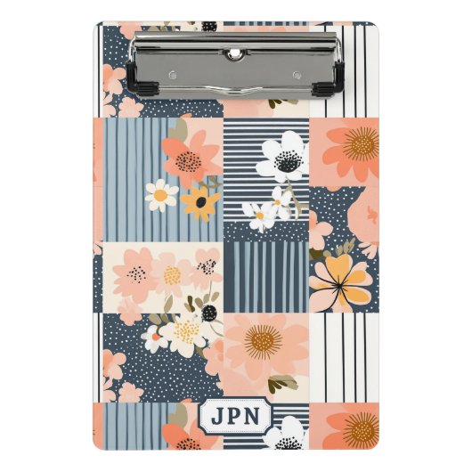 Mini Porte-bloc Fleurs Rétro en Patchwork Rose et Bleu (Devant)