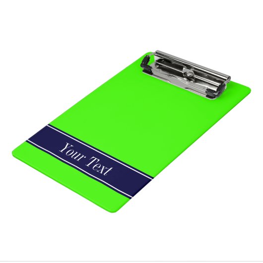 Mini Porte-bloc Lime solide vert, ruban bleu marine Nom Monogramme (Angle3)