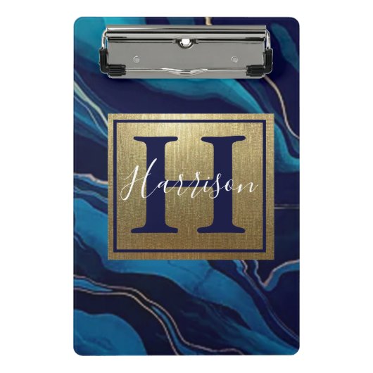 Mini Porte-bloc Marine Blue Agate Marbre Gold Nom et Monogram Cli (Devant)
