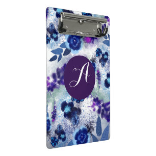 Mini Porte-bloc Motif Personnalisé Monogramme bleu violet Fleurs