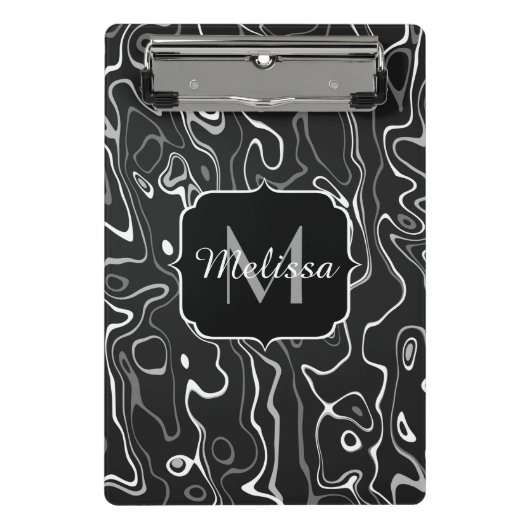 Mini Porte-bloc Noir blanc gris damas tourbillons abstraits Monogr (Devant)