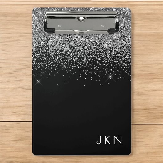 Mini Porte-bloc Paillettes Argent Noir Nom Monogramme Féminin