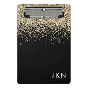 Mini Porte-bloc Paillettes Noir Or Initiales Girly Monogramme