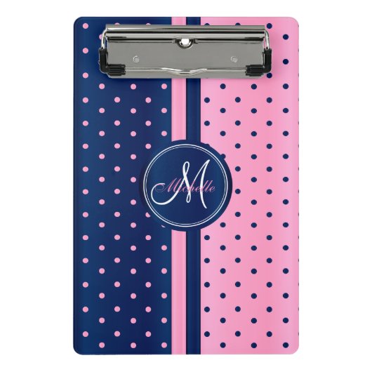 Mini Porte-bloc Pois bleu et rose pâle de la marine - Monogramme (Devant)