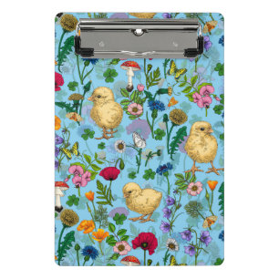Mini Porte-bloc Poulets et fleurs sauvages sur bébé bleuChat dessi