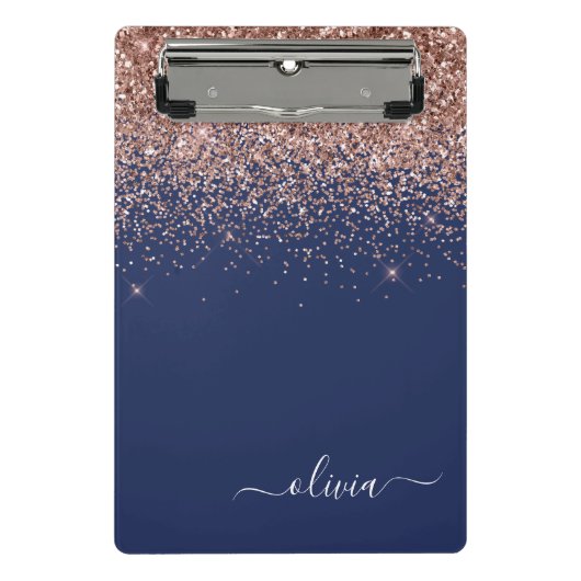 Mini Porte-bloc Rose Gold Pailleté Monogramme Rose Foncé Bleu Mari (Devant)