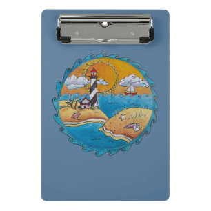 Mini Porte-bloc Scène de plage de phare fantaisiste, art folkloriq
