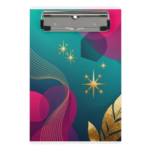 Mini Porte-bloc Teal et Fuchsia Moderne Abstrait avec Étoiles Doré (Devant)