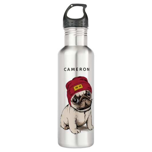 Mini Puppy Hipster Pug | Jouw namen toevoegen Waterfles (Voorkant)