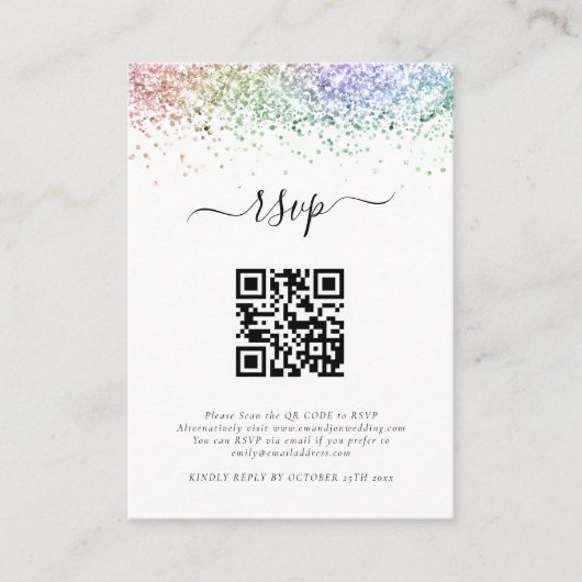 Mini Rainbow Glitter QR Code Weddenschap RSVP Informatiekaartje (Voorkant)