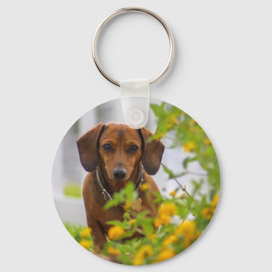 Mini Red Dachshund Round Button Sleutelhanger (Voorkant)