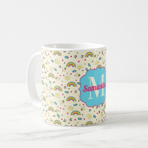Mini Regenboog Toss op Geel Retro Patroon Monogram Koffiemok