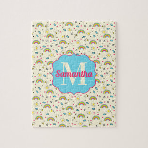 Mini Regenboog Toss op Geel Retro Patroon Monogram Legpuzzel