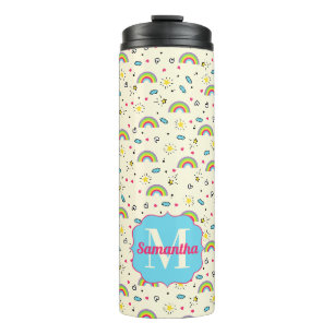 Mini Regenboog Worp op Gele Retro Patroon Monogram Thermosbeker