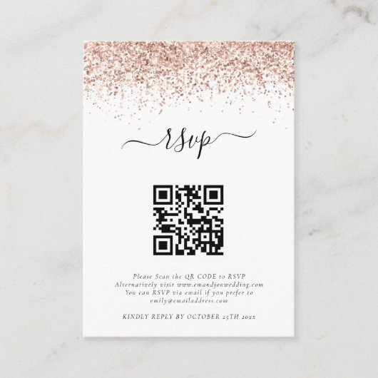 Mini Roos Gold Glitter QR Code Weddenschap RSVP Informatiekaartje (Voorkant)