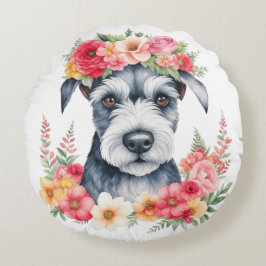 Mini Schnauzer Roze Bloemen Kroon Rood Geel Wit Rond Kussen