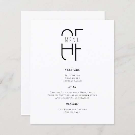 Mini simple monogramme moderne blanc menu du dîner (Devant / Derrière)