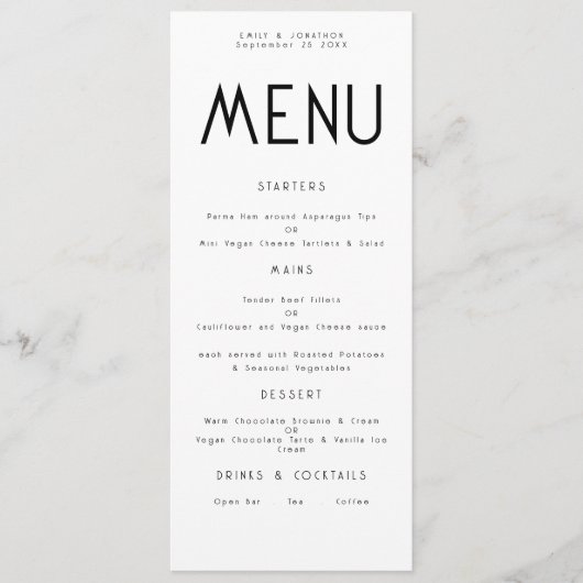 Mini-texte noir blanc Mariage carte de menu (Devant)