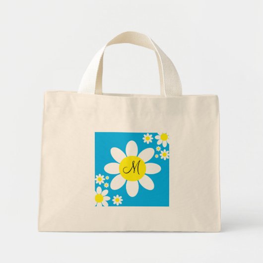 Mini Tote Bag Bleu mignon et blanc marguerites Floral unique ini (Devant)