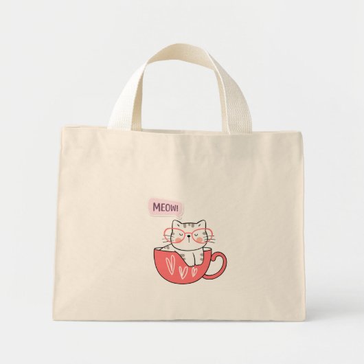 Mini Tote Bag chat miow dans une tasse (Devant)