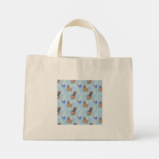Mini Tote Bag Chats en boîte et gouttes de lait sur bleu (Dos)