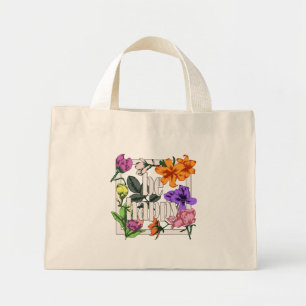 Mini Tote Bag Citation positive Be Happy and garden flowers